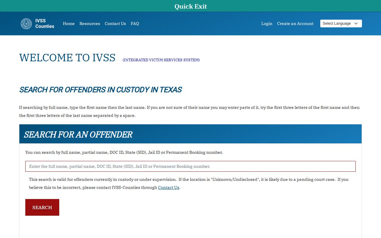 Texas IVSS county inmate check for Sabine County release status
