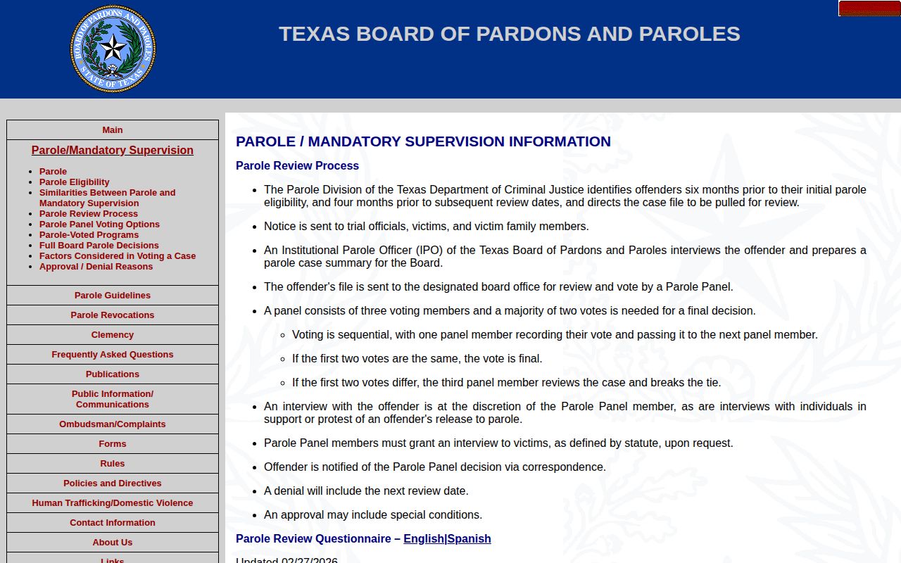 Texas parole review workflow for Sabine County post-release supervision